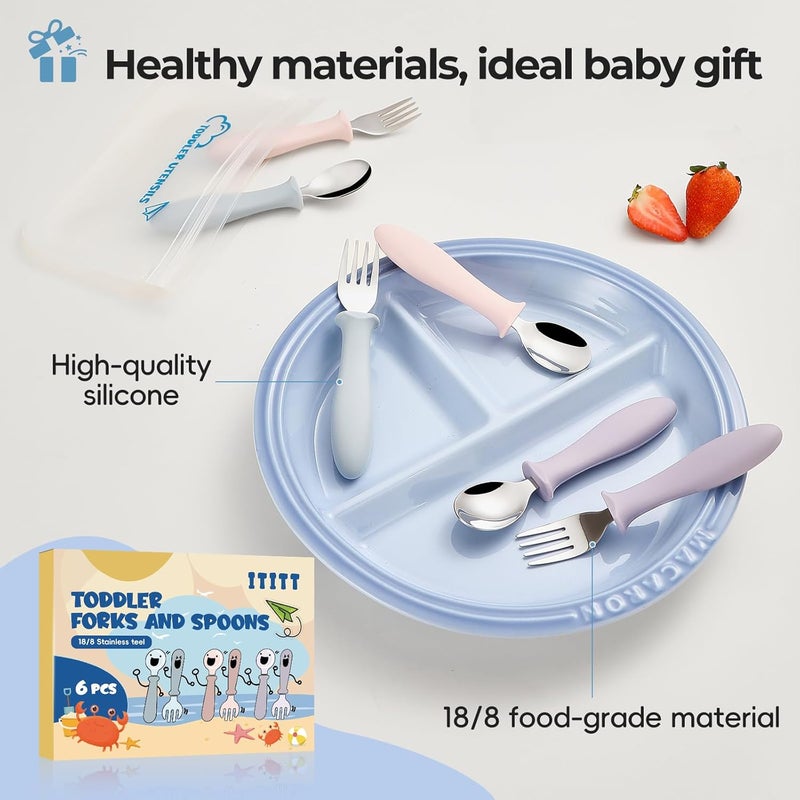ITITT 6 PCS Toddler Utensils Kids Silverware Set with Silicone Handle Children Food Grade 18/8 Stainless Steel Toddler Forks and Spoons Safe Anti-Choke Design Mirror Polished Sturdy Durable Dishwasher Safe - Image 5